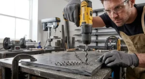 5. Professional carpenter drilling a precise hole in hardwood using a perceuse visseuse professionnelle
