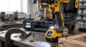 6. Heavy duty metal drilling process in a workshop with a perceuse visseuse professionnelle