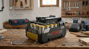 Disegno dettagliato di una batteria agli ioni di litio ricaricabile per trapano avvitatore