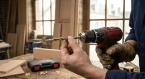 Utilisateur insérant un foret à bois dans le mandrin auto-serrant d'une perceuse visseuse