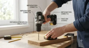 Guida visiva sull'impugnatura corretta e la postura di sicurezza per usare un trapano avvitatore