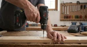 Illustrazione che mostra come impugnare correttamente un trapano avvitatore a batteria per avvitare una vite nel legno