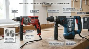 Confronto illustrato tra trapano a percussione e tassellatore per lavori di foratura