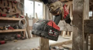 Gros plan sur la batterie lithium-ion d'une perceuse visseuse sans fil de chantier