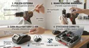 Consigli illustrati per la manutenzione periodica e la cura della batteria del trapano avvitatore