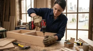 Artisan utilisant une perceuse visseuse performante au meilleur rapport qualité prix pour l'assemblage d'un meuble 