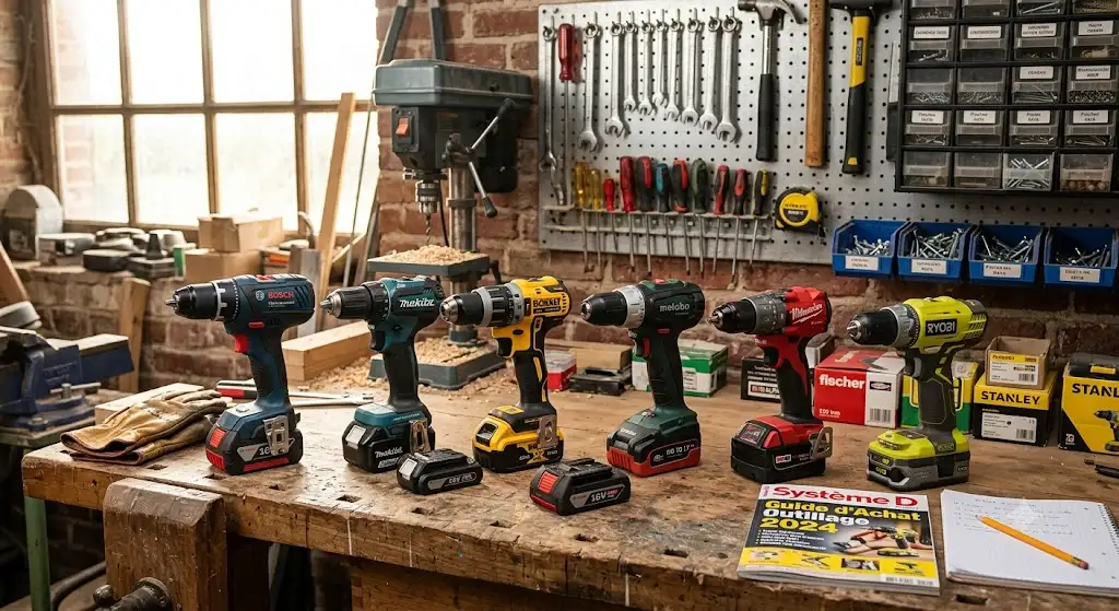Sélection des meilleures perceuses visseuses sans fil disposées sur un établi de bricolage