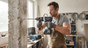 Perçage d'un mur en béton avec une perceuse visseuse sans fil à percussion