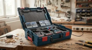 Mallette de transport et de rangement ouverte contenant une perceuse visseuse sans fil et ses chargeurs