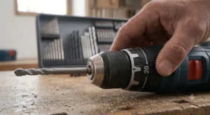 Primo piano illustrato della ghiera di regolazione della coppia di serraggio di un trapano avvitatore a batteria