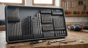 Set completo di punte da trapano e inserti per avvitatore a batteria disposti in ordine di dimensione