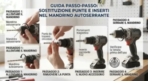 Passaggi illustrati per cambiare le punte e gli inserti nel mandrino autoserrante del trapano avvitatore