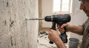 Perceuse visseuse à percussion en cours de perçage dans un mur en béton à la maison 