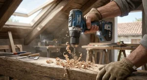 Lavoro di foratura su un trave di legno con trapano avvitatore 18V