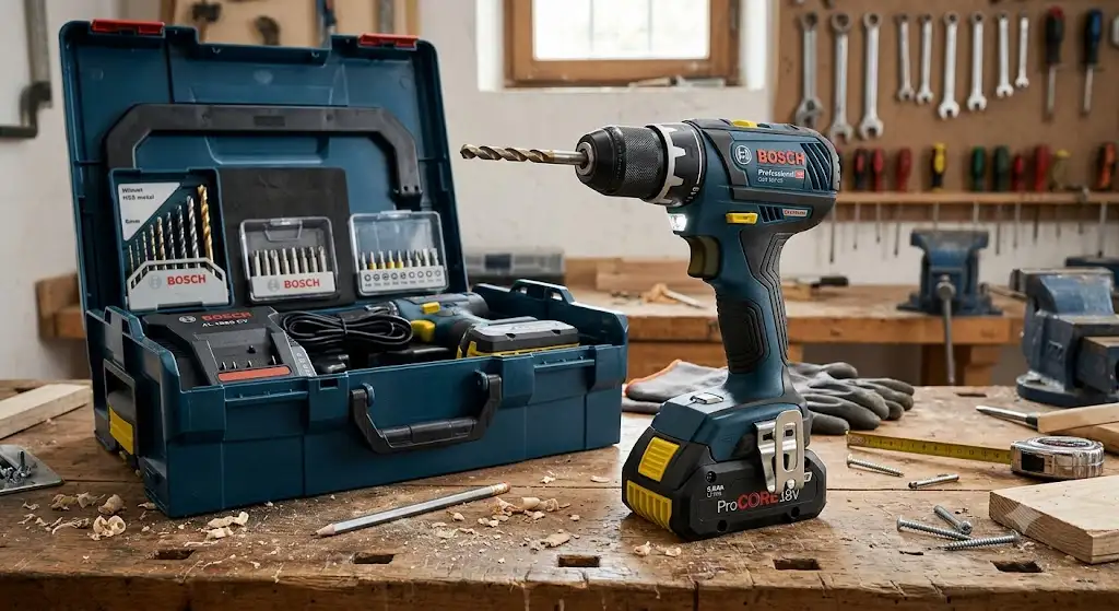 Illustrazione di un trapano avvitatore a batteria professionale con valigetta e accessori per il fai da te
