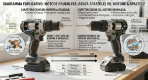 Diagramma esplicativo sul funzionamento del motore brushless rispetto al motore a spazzole nei trapani avvitatori