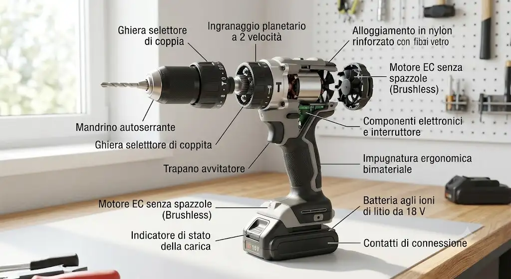 Illustrazione delle componenti principali di un trapano avvitatore a batteria con indicazione di mandrino, selettore di coppia e impugnatura
