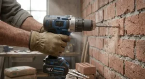 Funzione percussione di un trapano avvitatore 18V in uso su parete in muratura