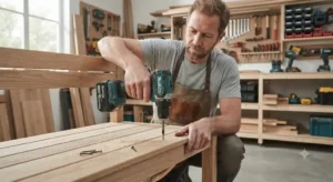 Bricoleur utilisant une perceuse visseuse sans fil pour visser des planches en bois