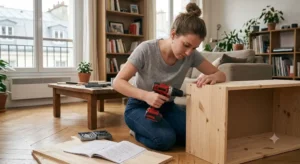 Femme utilisant une perceuse visseuse compacte et pas chère pour monter un meuble en kit.