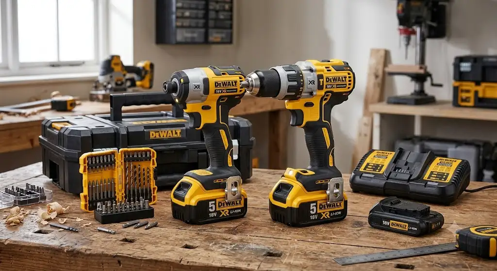 Présentation de la meilleure perceuse visseuse DeWalt avec ses batteries et accessoires