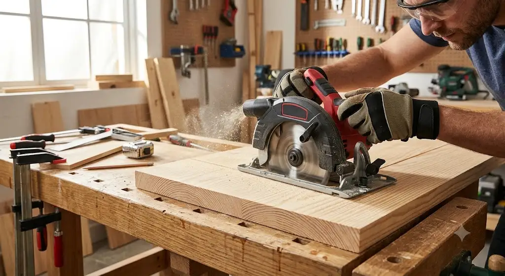 Découpe de bois précise avec la meilleure scie circulaire pas cher posée sur un établi.
