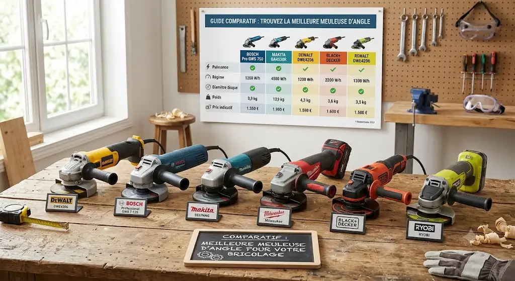 Comparatif visuel pour choisir la meilleure meuleuse d'angle selon ses besoins de bricolage.