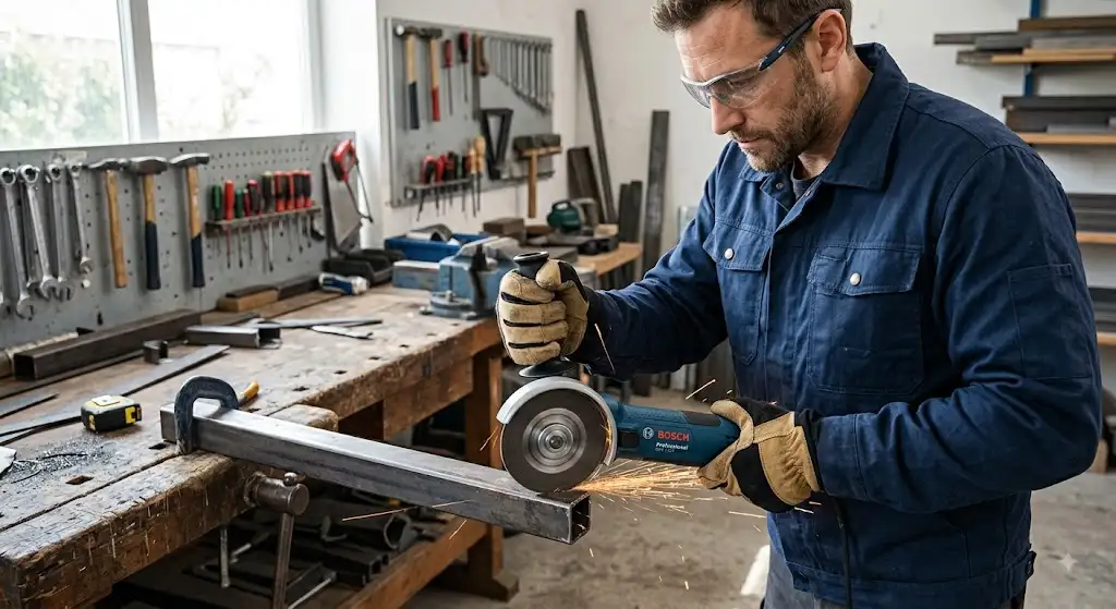 Meuleuse d'angle 125mm performante tenue en main par un bricoleur pour travaux de découpe et de ponçage.