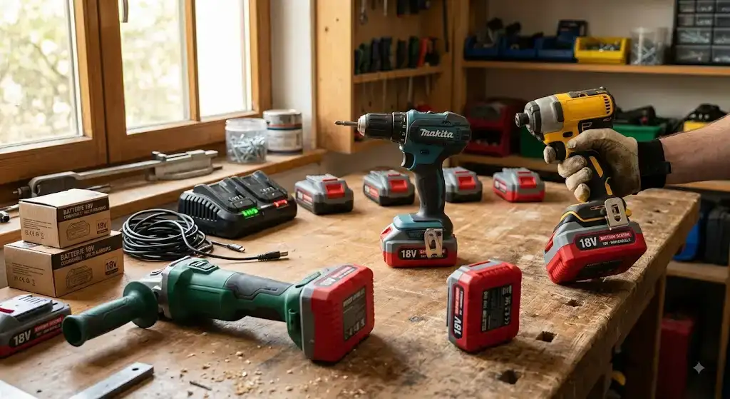 Illustration de plusieurs outils sans fil batteries compatibles de différentes marques sur un plan de travail.