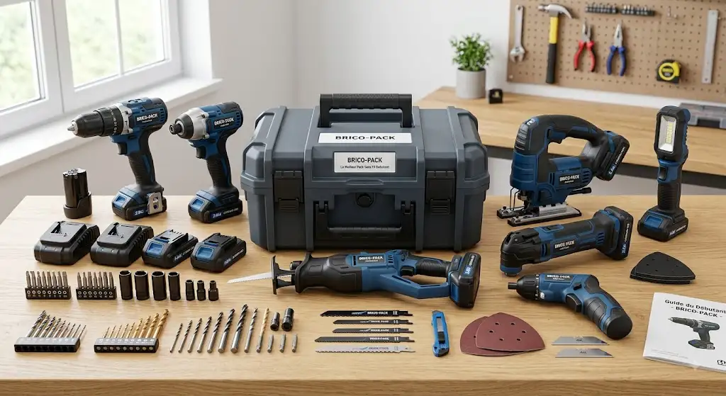 Vue d'ensemble du meilleur pack outils sans fil débutant comprenant perceuse, scie et accessoires.