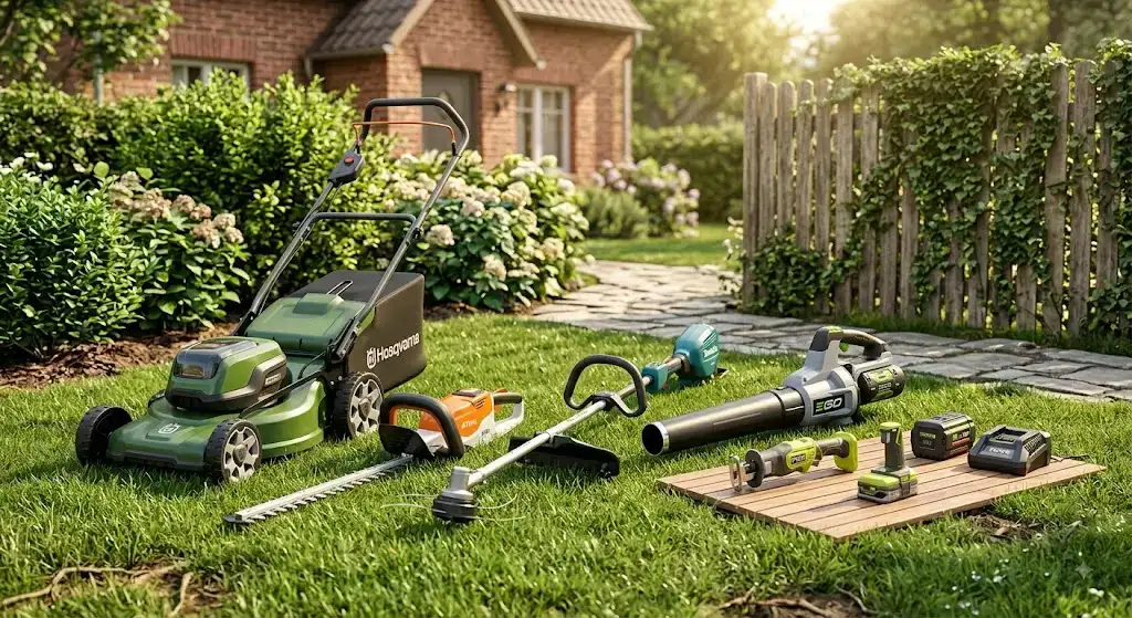 Sélection des meilleurs outils de jardin sur batterie disposés sur la pelouse