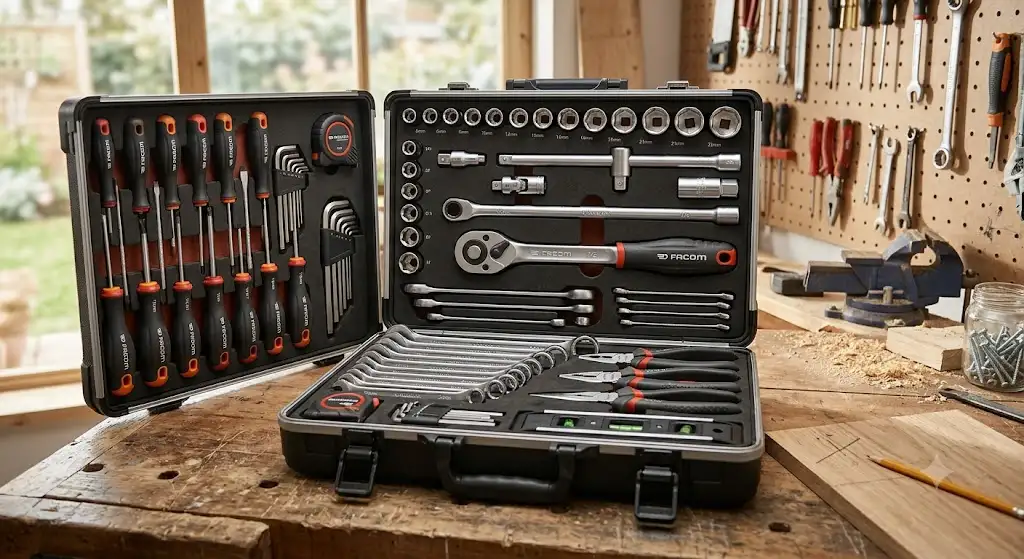 Meilleur coffret d'outils complet ouvert avec clés, tournevis et cliquet pour le bricolage à domicile