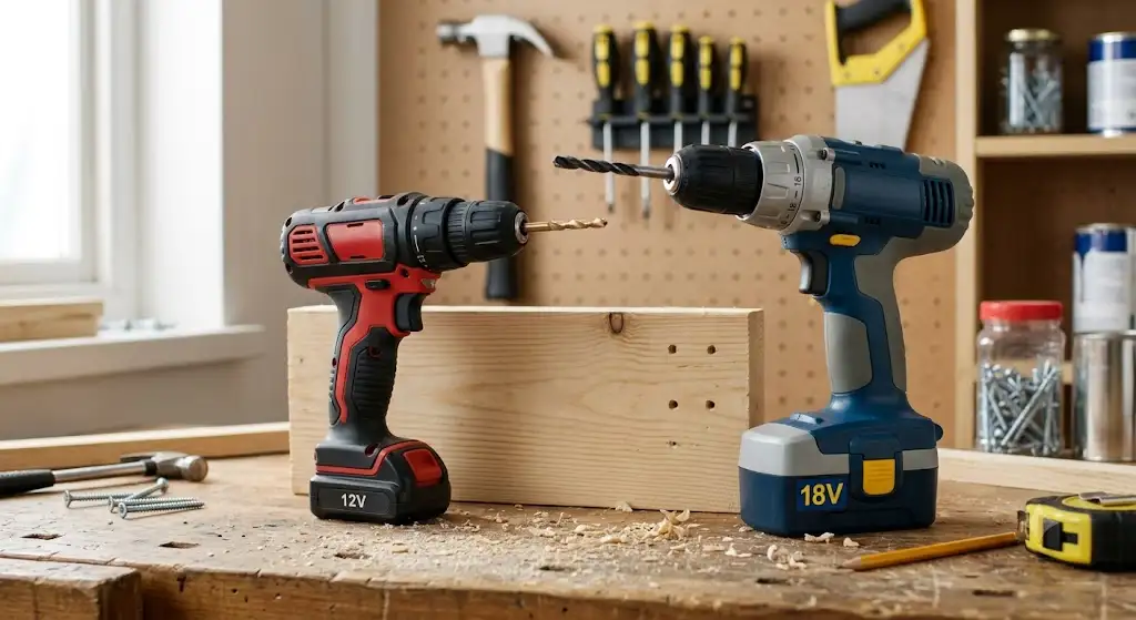 Comparatif visuel montrant la perceuse 12v ou 18v différence sur un établi de bricolage perceuse 12v ou 18v différence