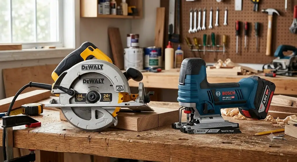 Comparatif côte à côte entre une scie circulaire vs scie sauteuse sur un établi d'atelier