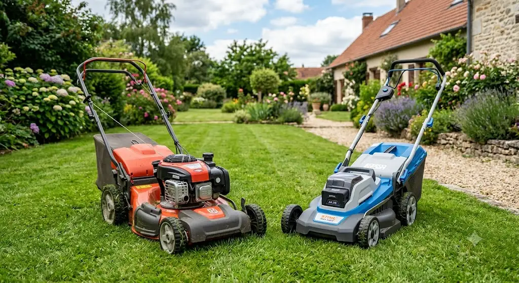 Comparatif visuel entre une tondeuse thermique à essence et une tondeuse à batterie dans un jardin. (tondeuse thermique vs batterie)