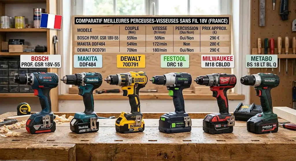 Comparatif visuel des meilleures perceuses-visseuses sans fil du marché français. (meilleures perceuses visseuses en France)