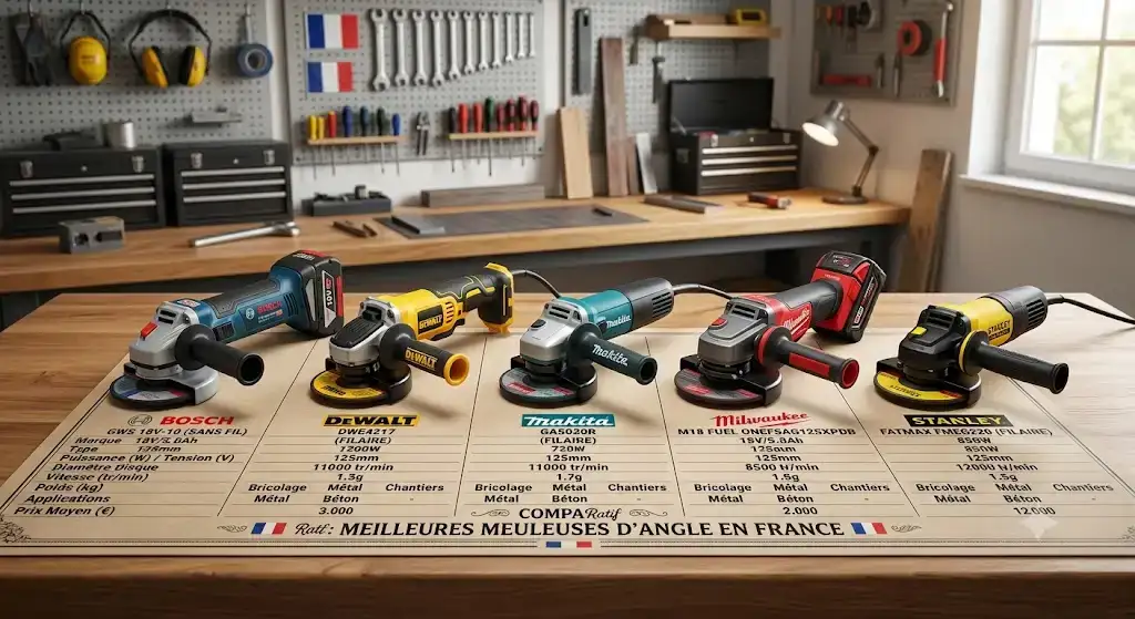 Tableau comparatif visuel des meilleures meuleuses d'angle disponibles en France pour le bricolage et les chantiers (meilleures meuleuses d'angle en France)