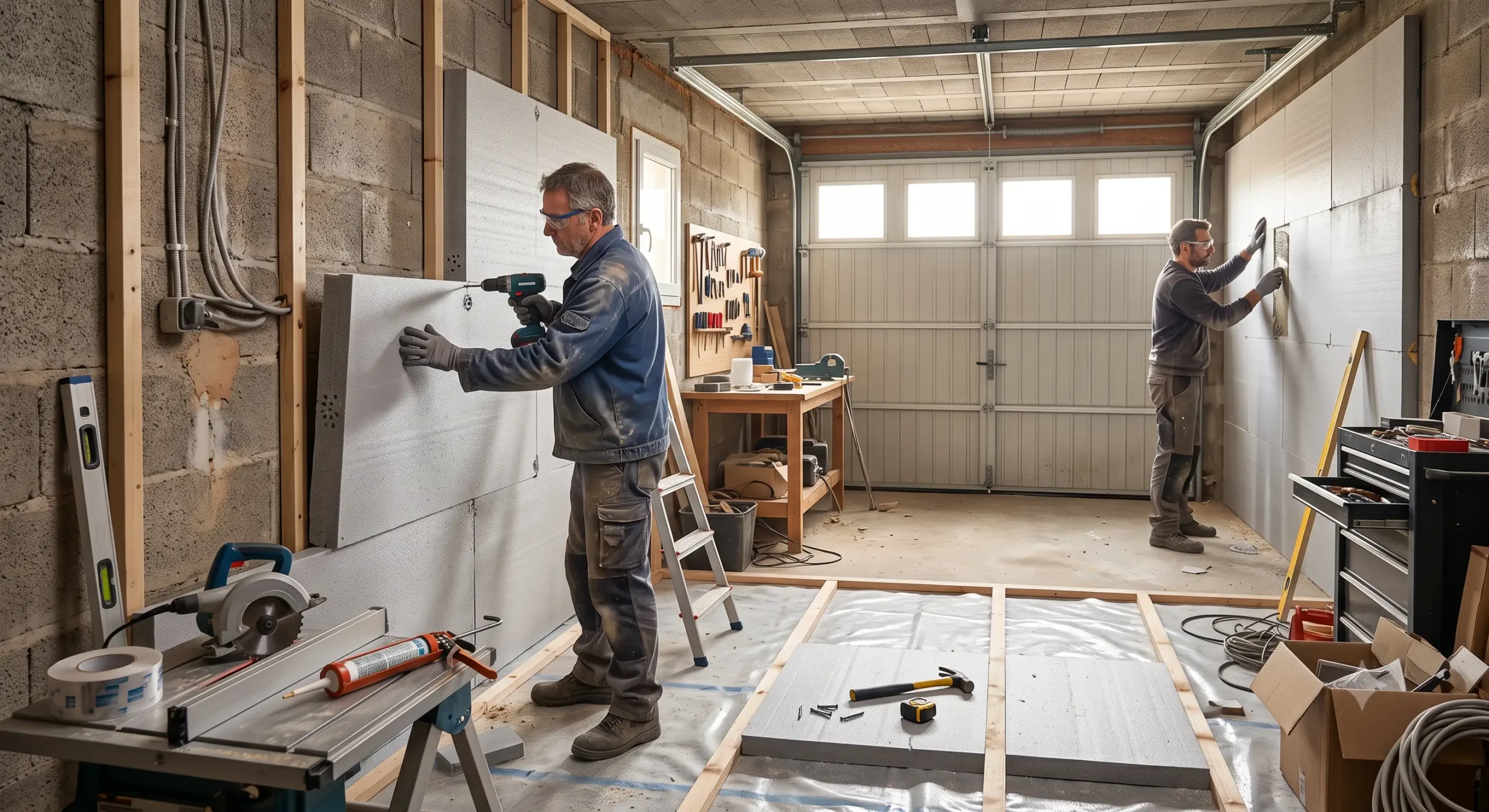 Pose de panneaux isolants thermiques sur les murs pour aménager un garage en atelier confortable en hiver