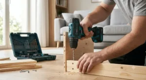 Montaggio di mobili per la casa con un trapano avvitatore economico per bricolage 

