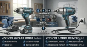 Confronto grafico tra un avvitatore a impulsi a batteria e un modello di avvitatore elettrico con cavo