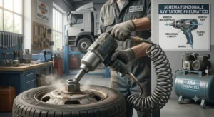 Illustrazione di un avvitatore a impulsi pneumatico ad aria compressa professionale per officine meccaniche