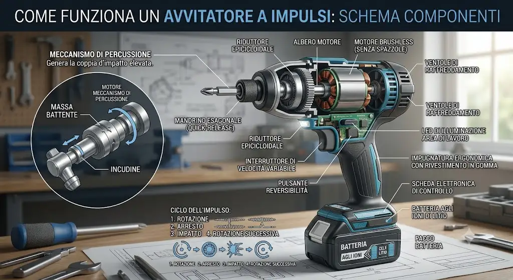 Schema illustrato dei componenti interni di un avvitatore a impulsi con indicazione del meccanismo di percussione