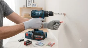 Utilizzo pratico di un trapano Bosch per forare un muro domestico e inserire un tassello da fissaggio
