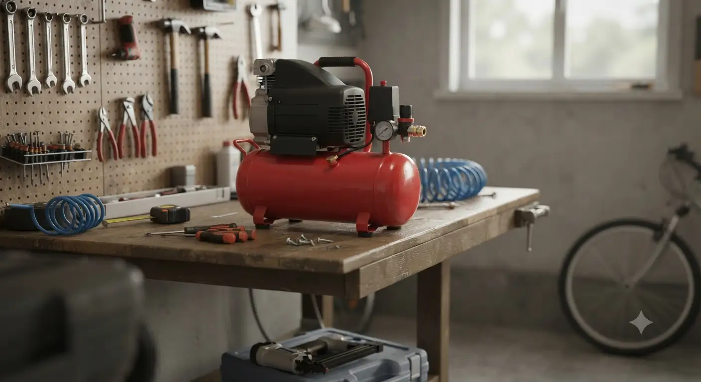 Compressore d'aria portatile compatto ideale per uso domestico e piccoli lavori di hobbistica in garage.