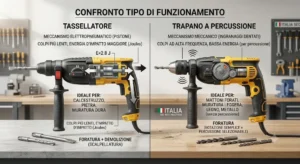 Infografica comparativa tra le differenze di funzionamento di un tassellatore e un trapano a percussione