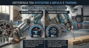 Infografica comparativa tra la coppia di serraggio di un avvitatore a impulsi e quella di un trapano avvitatore tradizionale