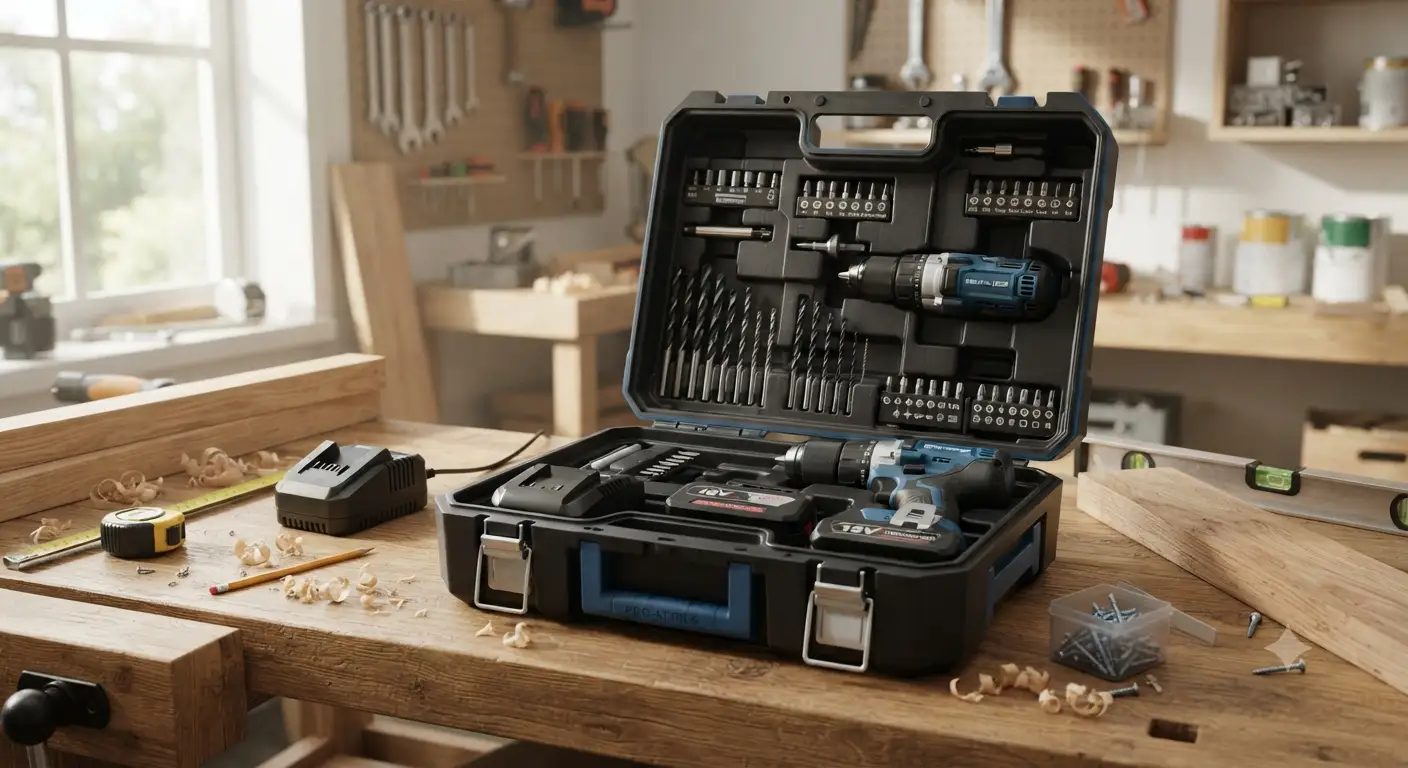 Kit trapano avvitatore a batteria professionale con valigetta e accessori per lavori di fai da te e bricolage