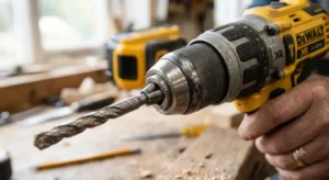 Dettaglio del mandrino autoserrante in metallo di un trapano DeWalt