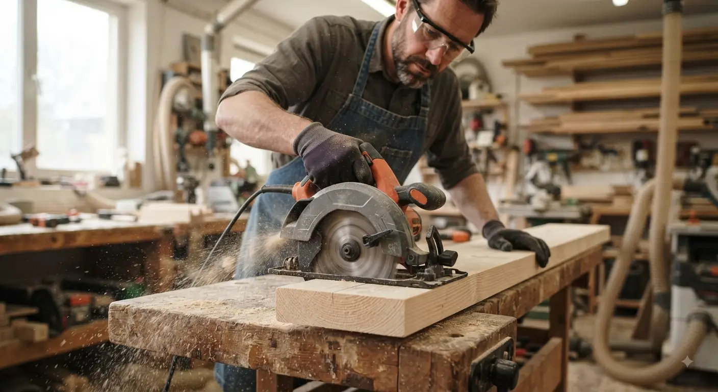 Un falegname utilizza una sega circolare elettrica affidabile e potente su un pezzo di legno in un'officina ben illuminata, ideale per la ricerca del miglior utensile a meno di 100 euro.