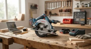 Sega elettrica a batteria ricaricabile poggiata su un banco da lavoro con accessori per il fai da te